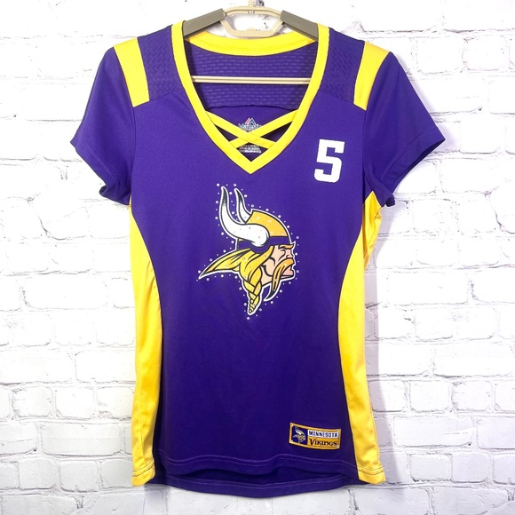 NWOT |•MAJESTIC•| Minnesota Vikings Bridgewater 5 V-Neck Rhinestone Top Size S - Picture 1 of 9